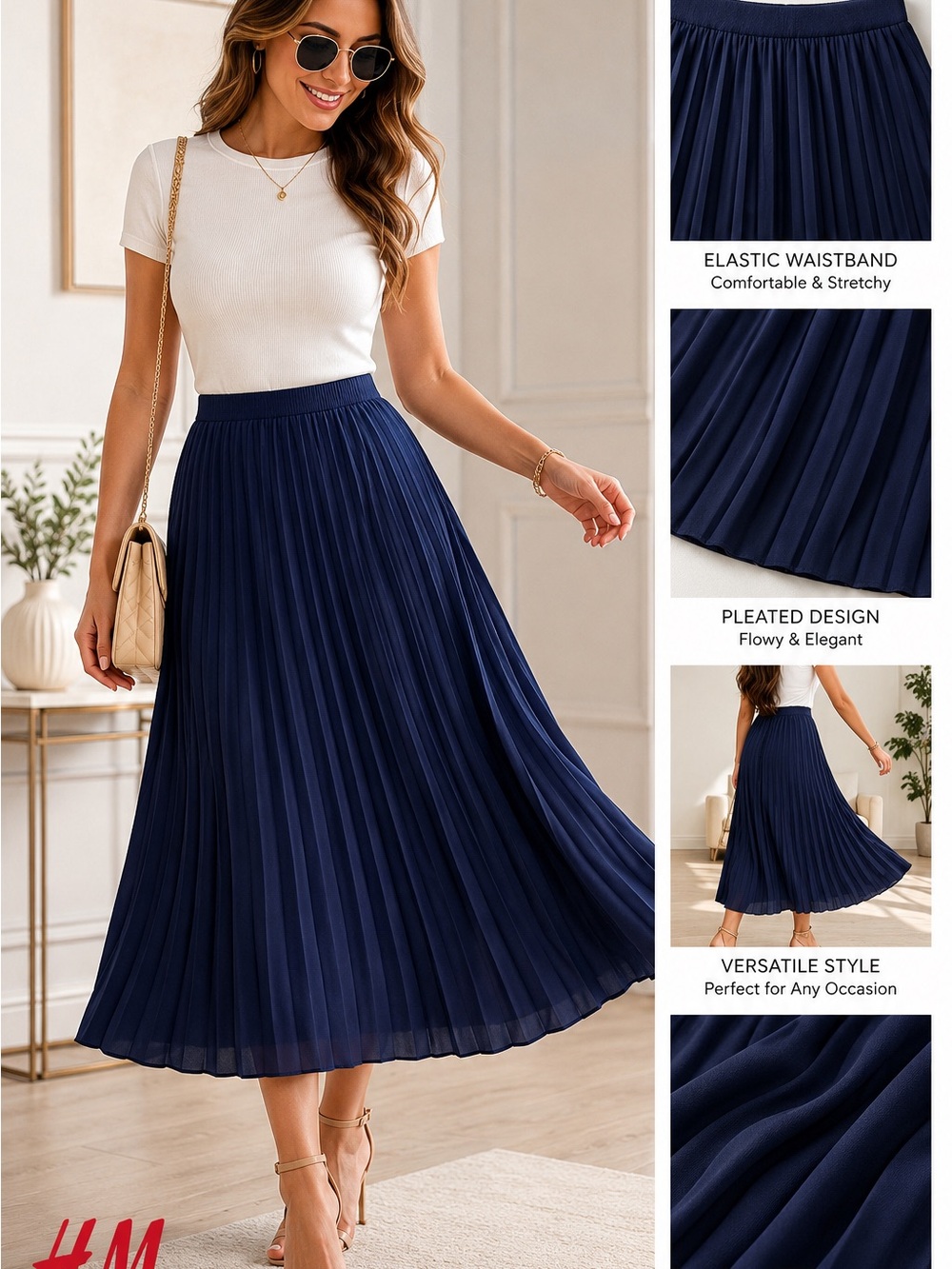 H&M Women’s Navy Blue Pleated Midi Skirt Size XS